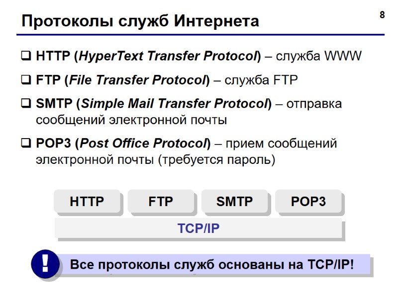 8 Протоколы служб Интернета HTTP (HyperText Transfer Protocol) – служба WWW FTP (File Transfer